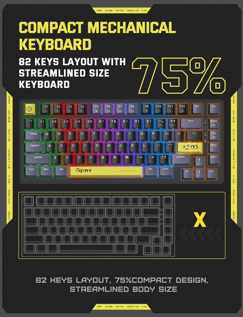 ONIKUMA g52 GAMING  75% 82 Keys Mechanical Keyboard，Wired Gaming Keyboard with Blue Swithes, 6 Colors RGB Lights, Compatible with PC, Laptop, Desktop, ABS Keycaps, High-Performance, Black