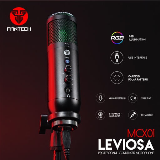 [ACC-14-02] Fantech MCX01 Leviosa Professional Condenser Microphone - Cardioid Polar Pattern - RGB Illumination - USB Interface - Easy Adjustable Tripod - Pop Filter